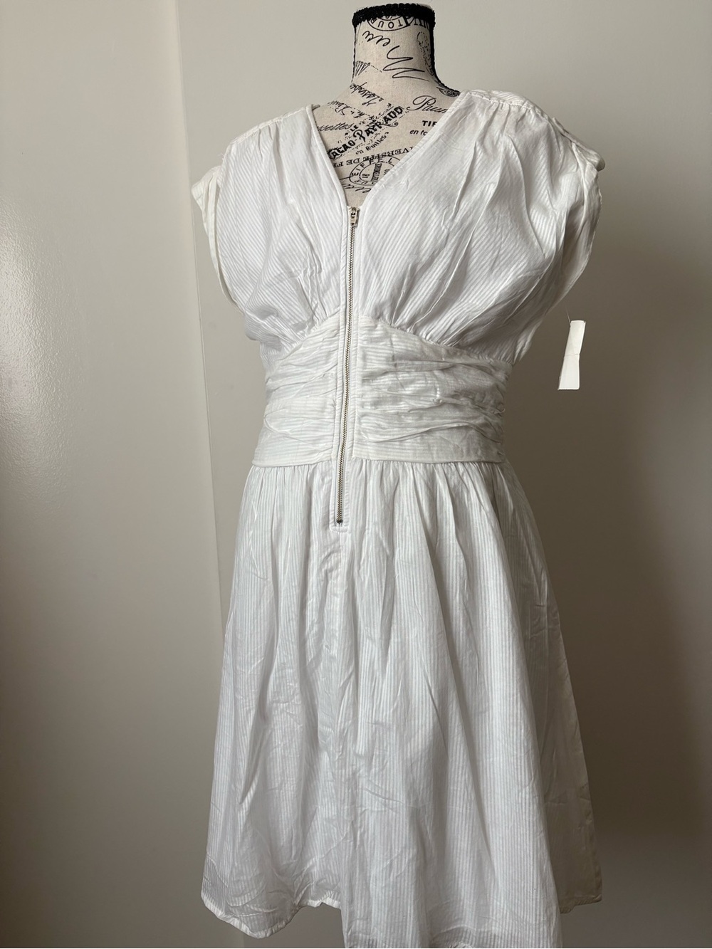 White V-Neck Pleated Waist Midi Dress